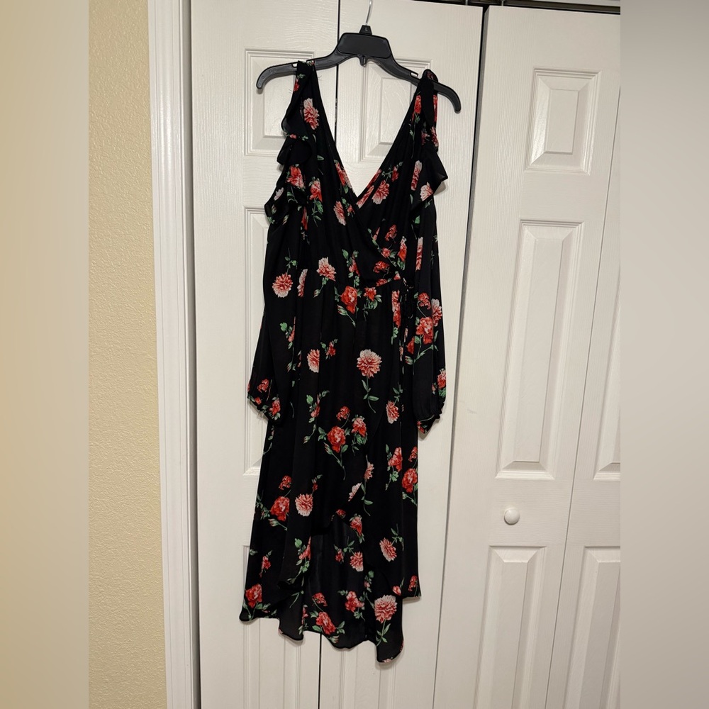 Soprano Black Asymmetrical Dress with Red Floral Design